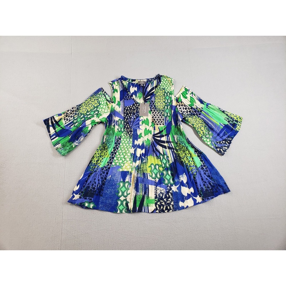 Ninety Women Tunic Top XL Blue Abstract Print 100% Polyester Cold Shoulder Boho